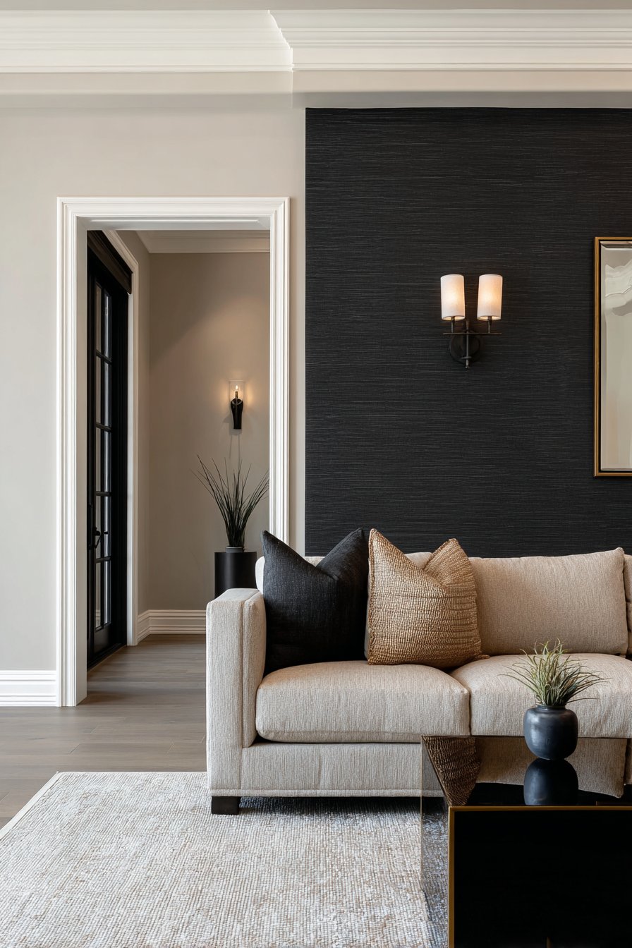 Textured Black Grasscloth Accent Wall
