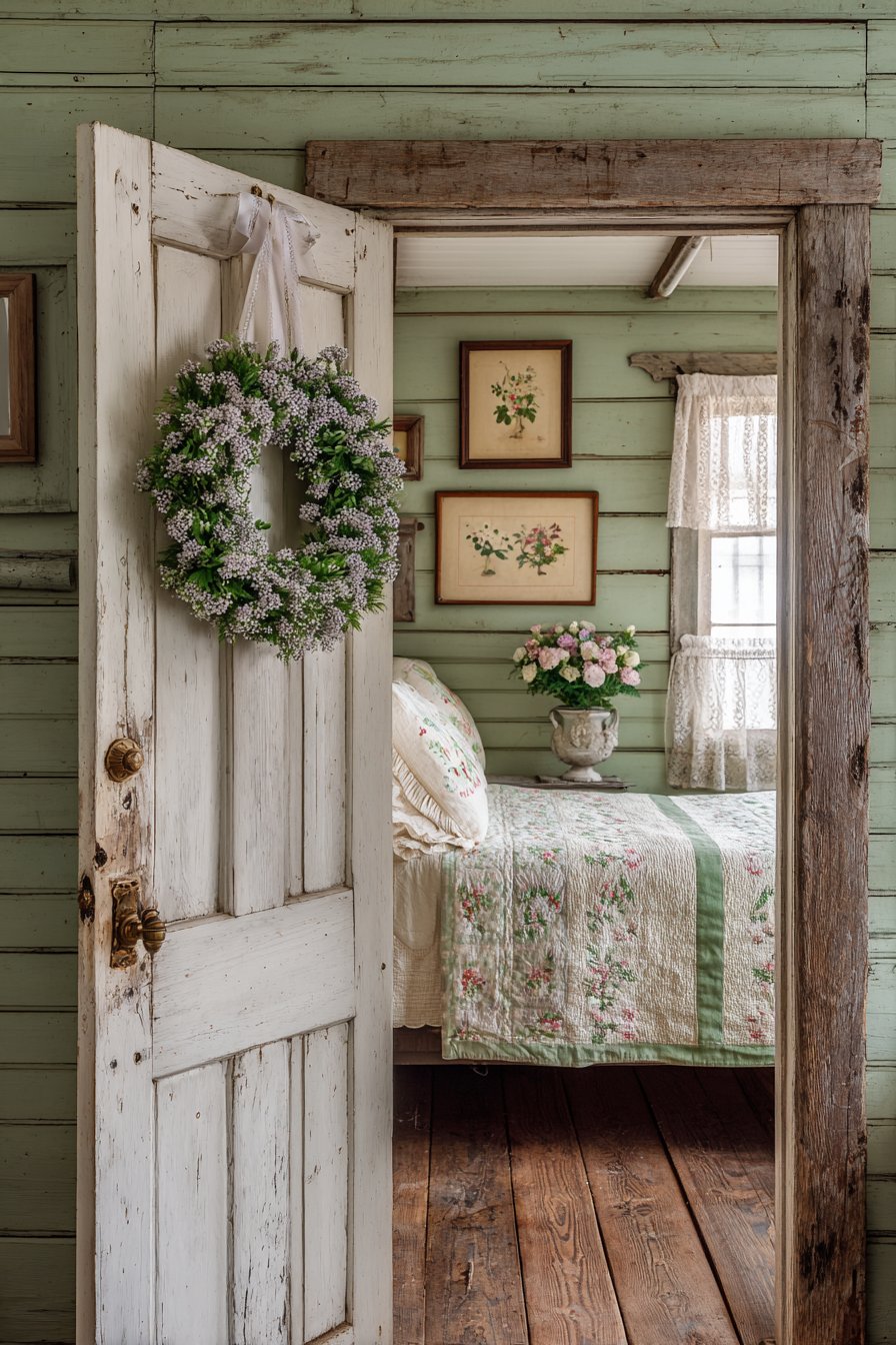 Distressed White Door with Lavender Wreath