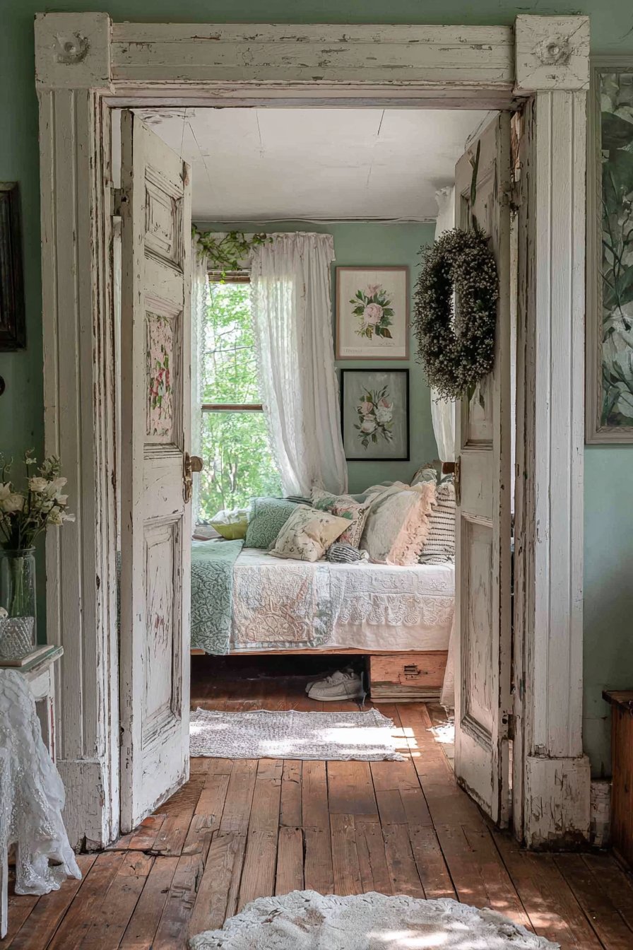 Distressed White Door with Lavender Wreath