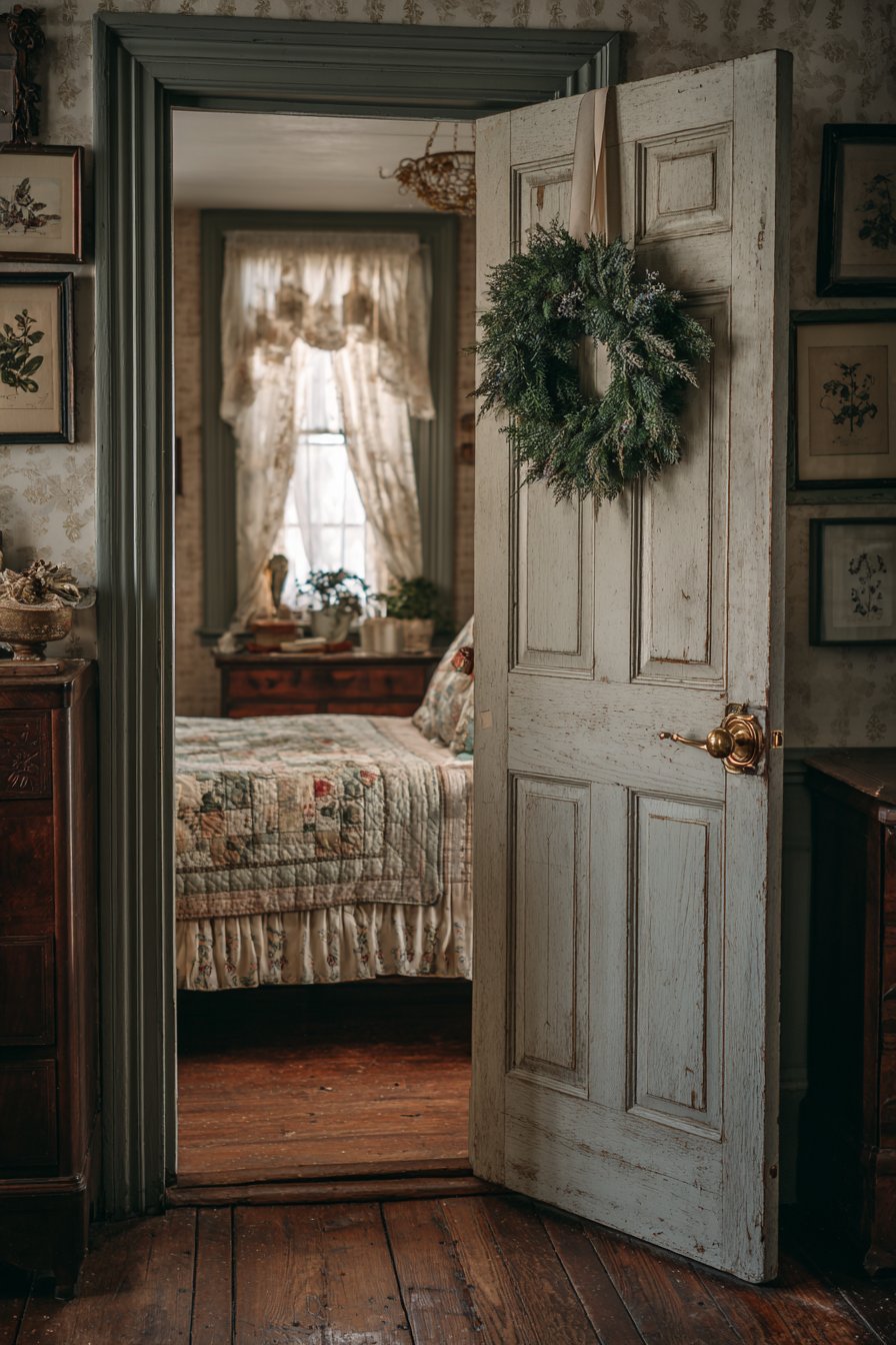Distressed White Door with Lavender Wreath