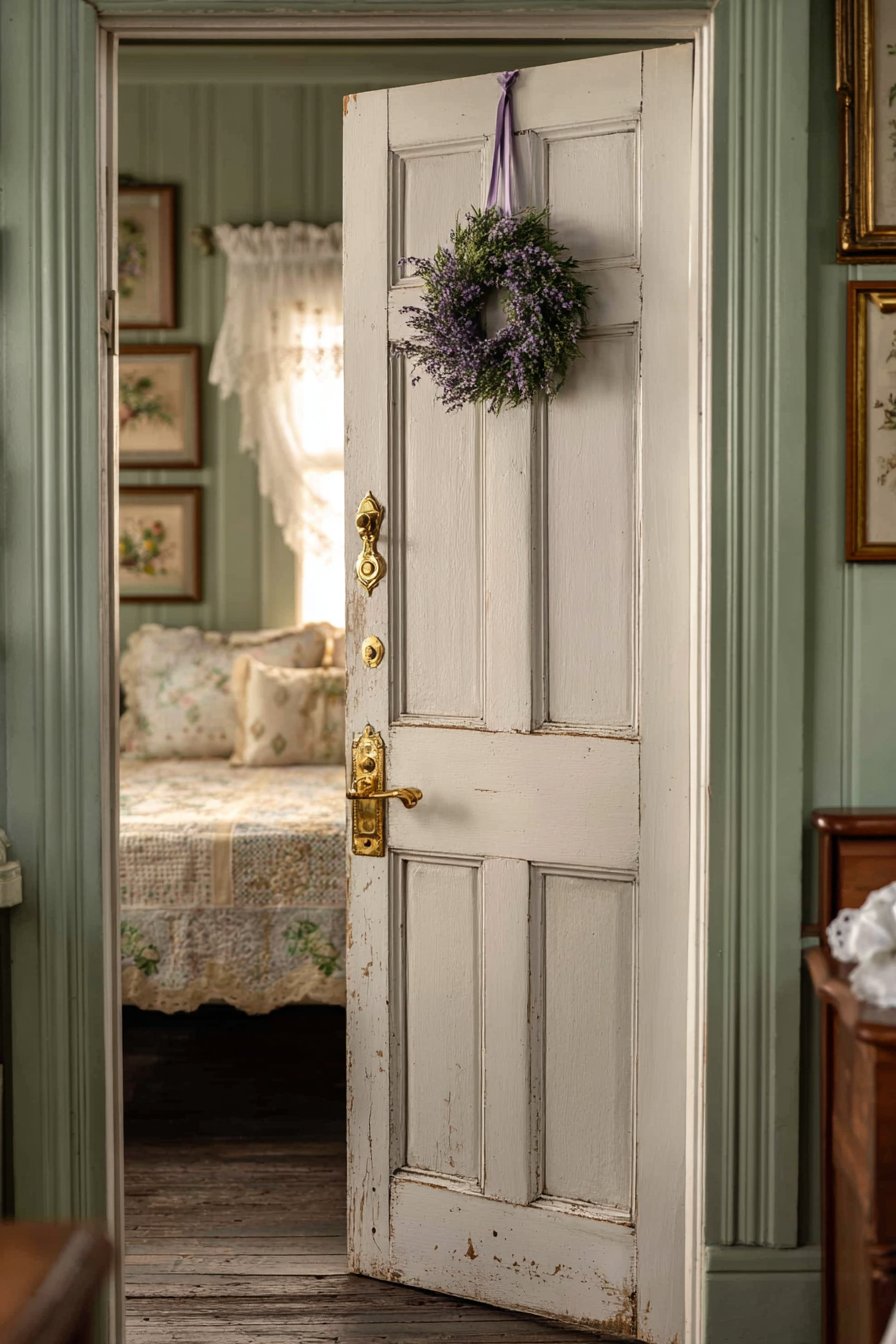 Distressed White Door with Lavender Wreath
