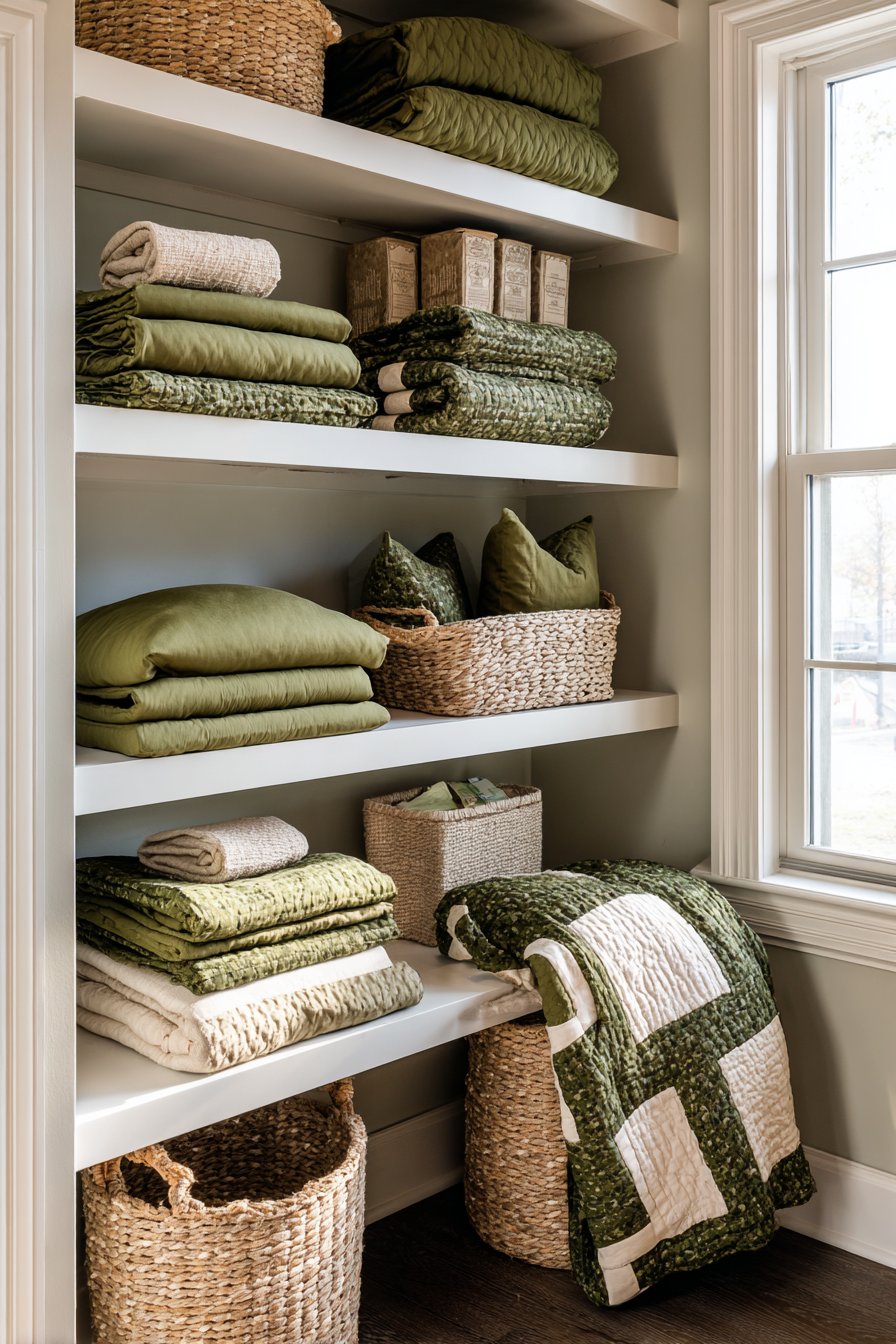 Organized Textile Collection on Open Shelving