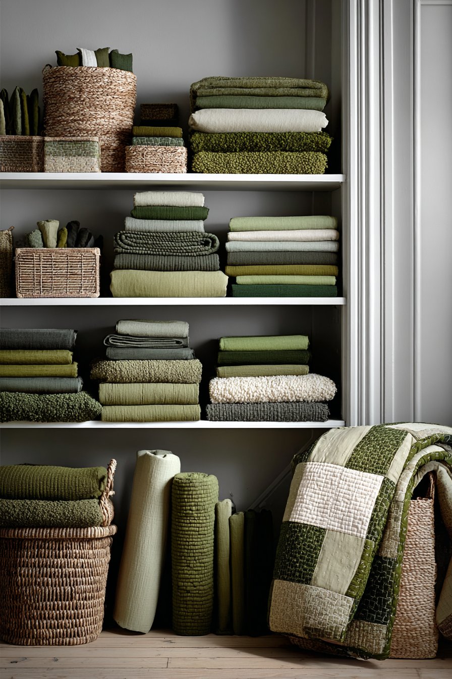 Organized Textile Collection on Open Shelving