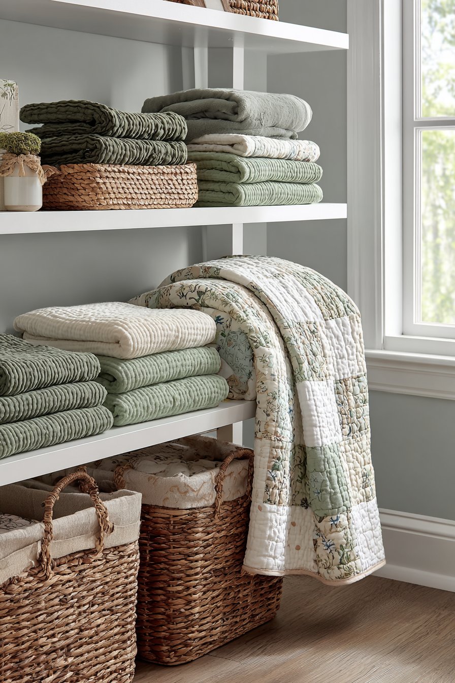 Organized Textile Collection on Open Shelving