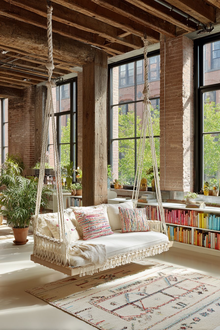 Indoor Swing with Macrame Details and Window Views