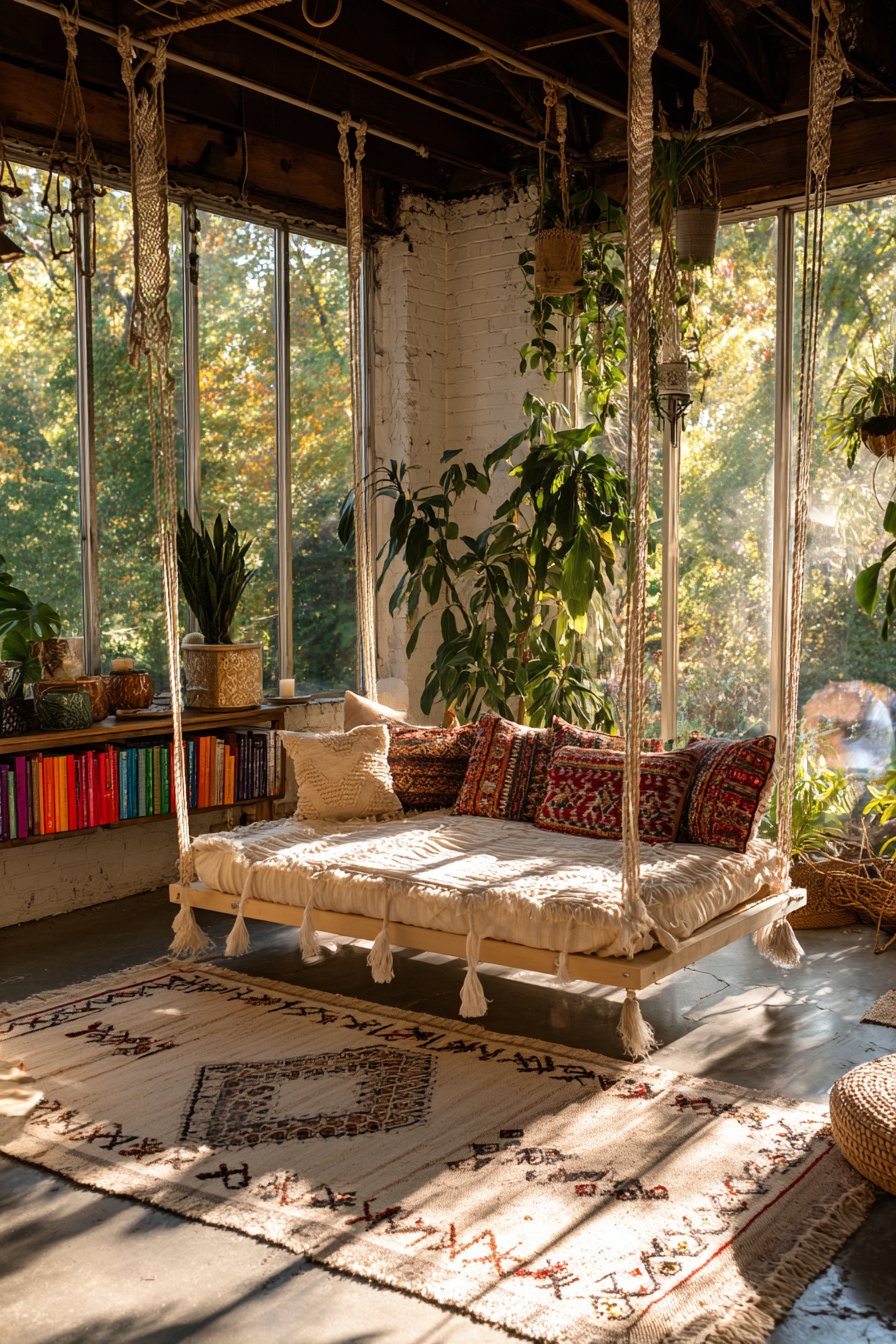 Indoor Swing with Macrame Details and Window Views