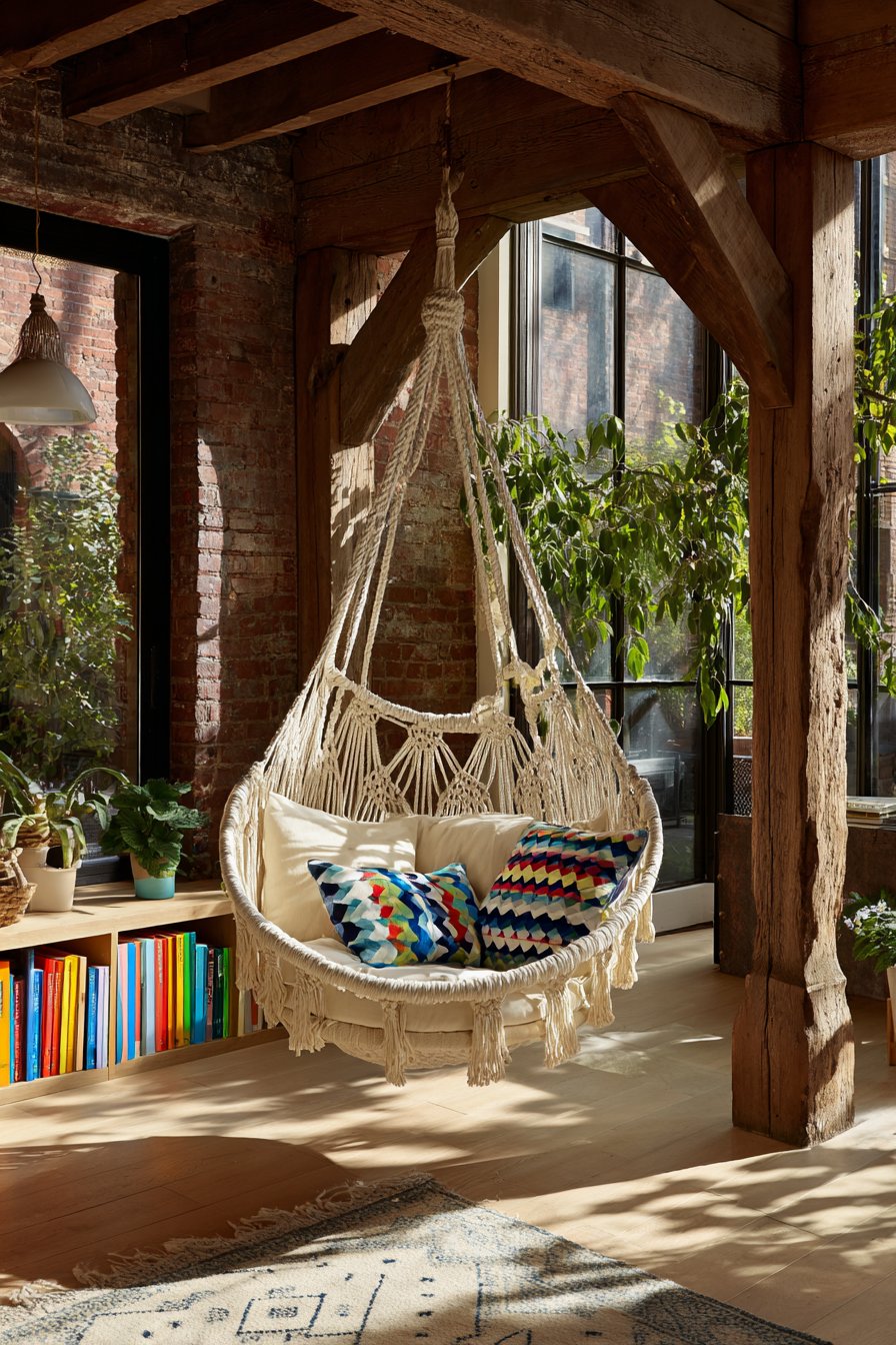 Indoor Swing with Macrame Details and Window Views