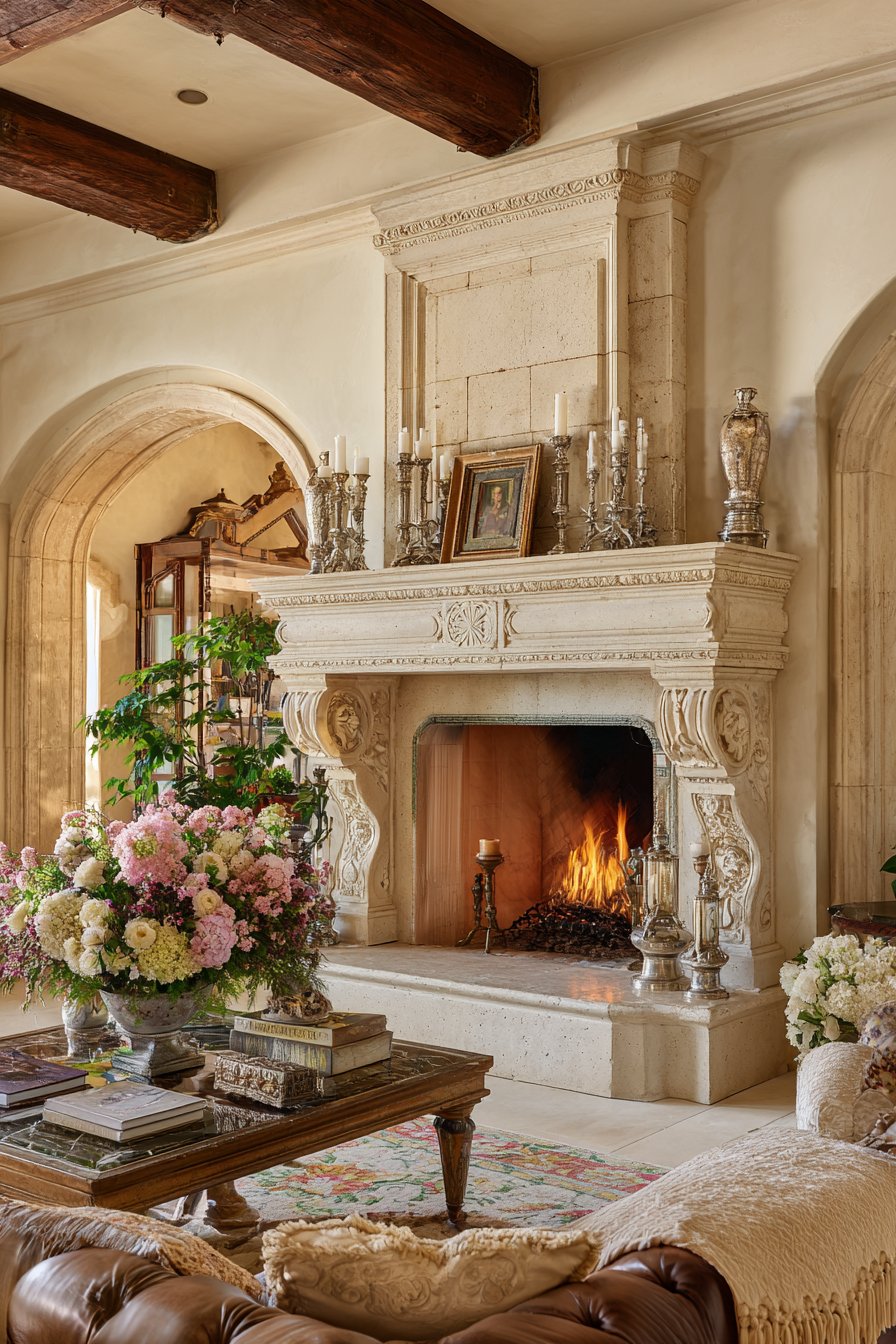 Limestone Fireplace Cognac Leather