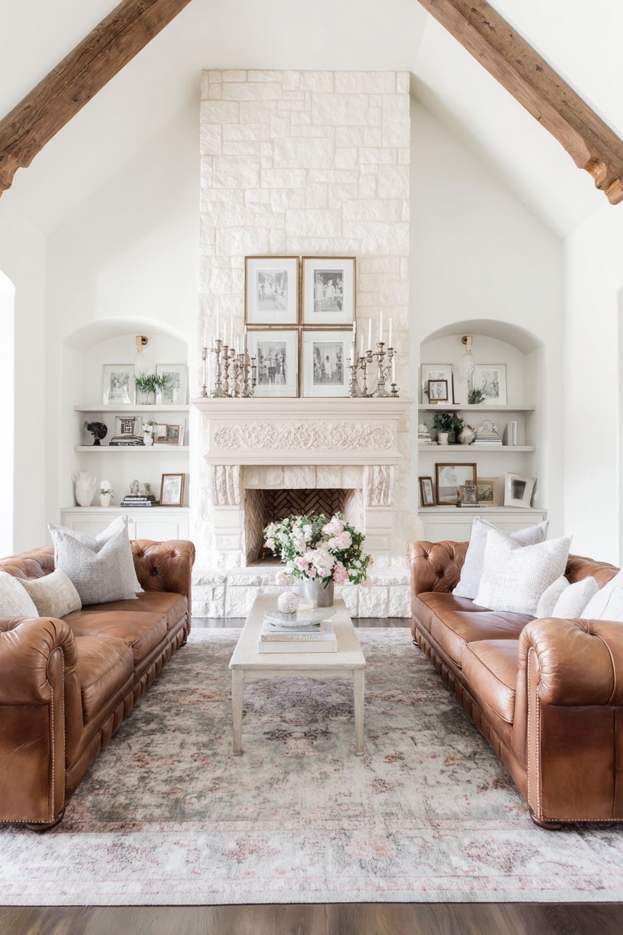 Limestone Fireplace Cognac Leather