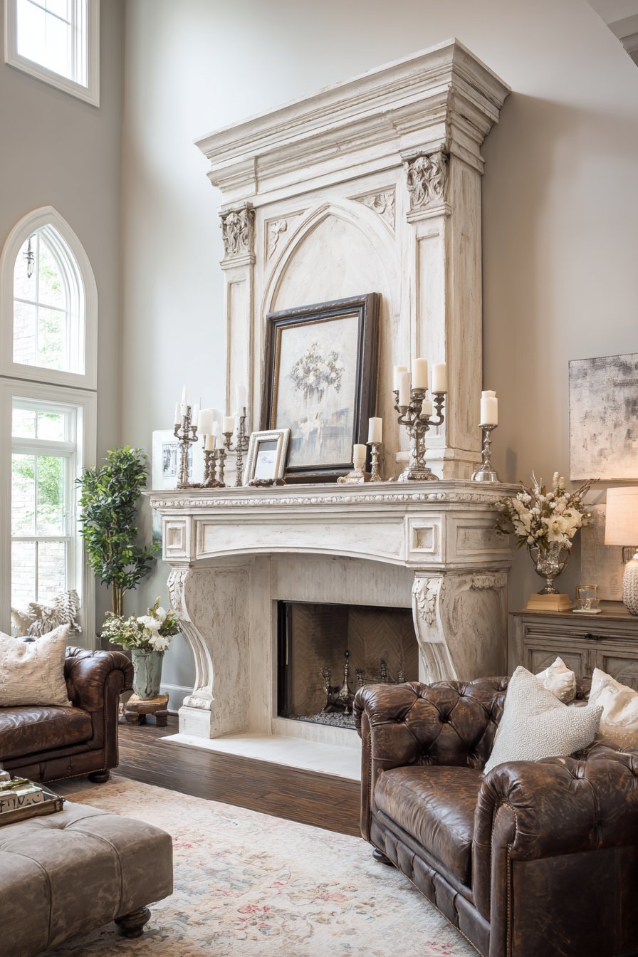 Limestone Fireplace Cognac Leather