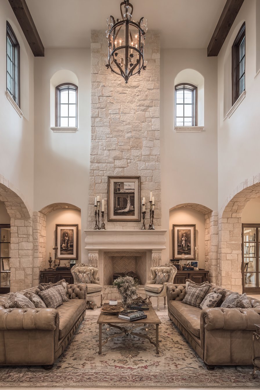 Limestone Fireplace Cognac Leather