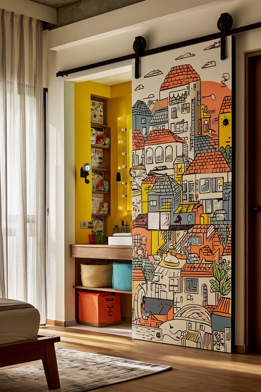 Cityscape Mural Closet Door Art