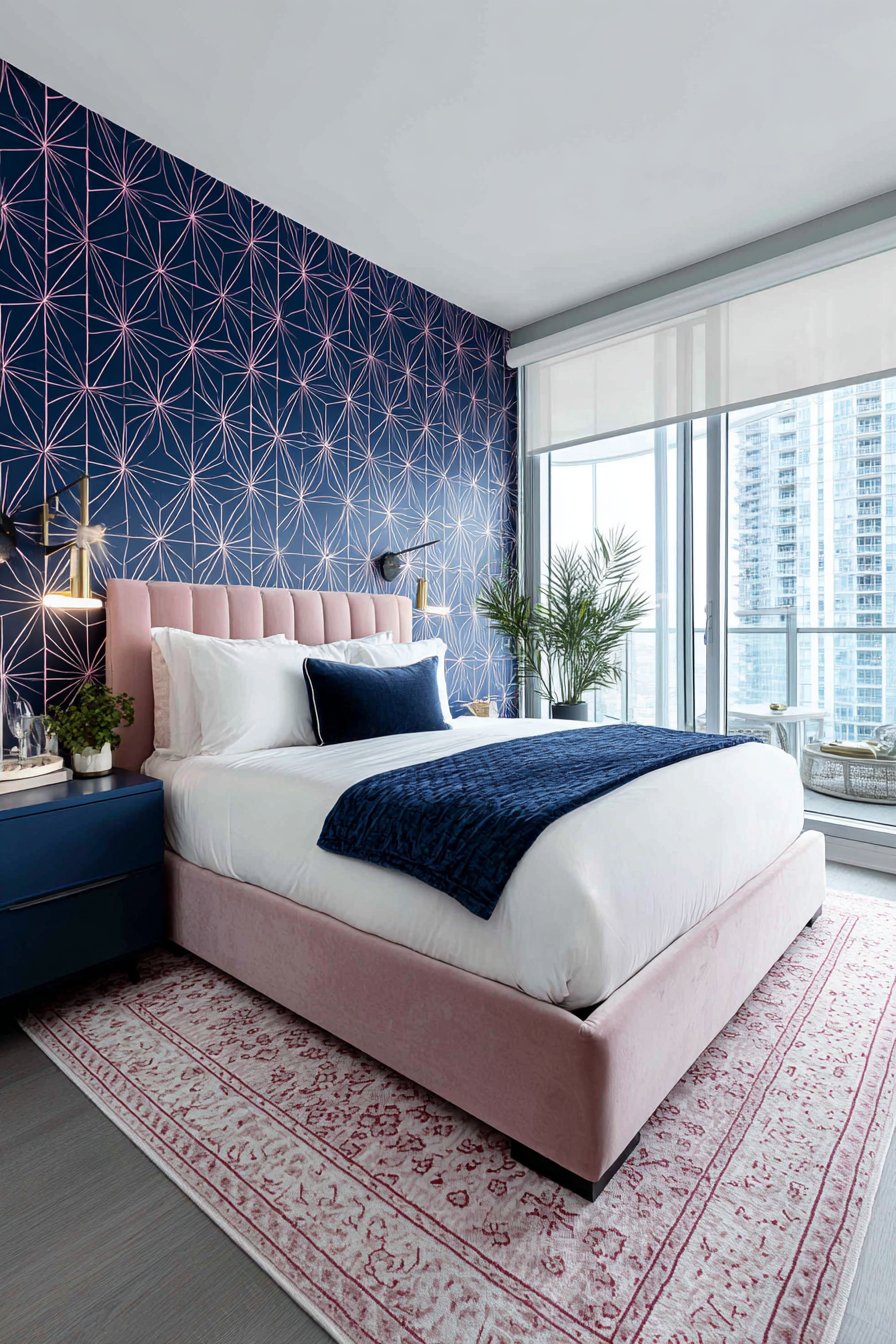 Soft Pink Linen Bedding with Navy Bedroom Suite