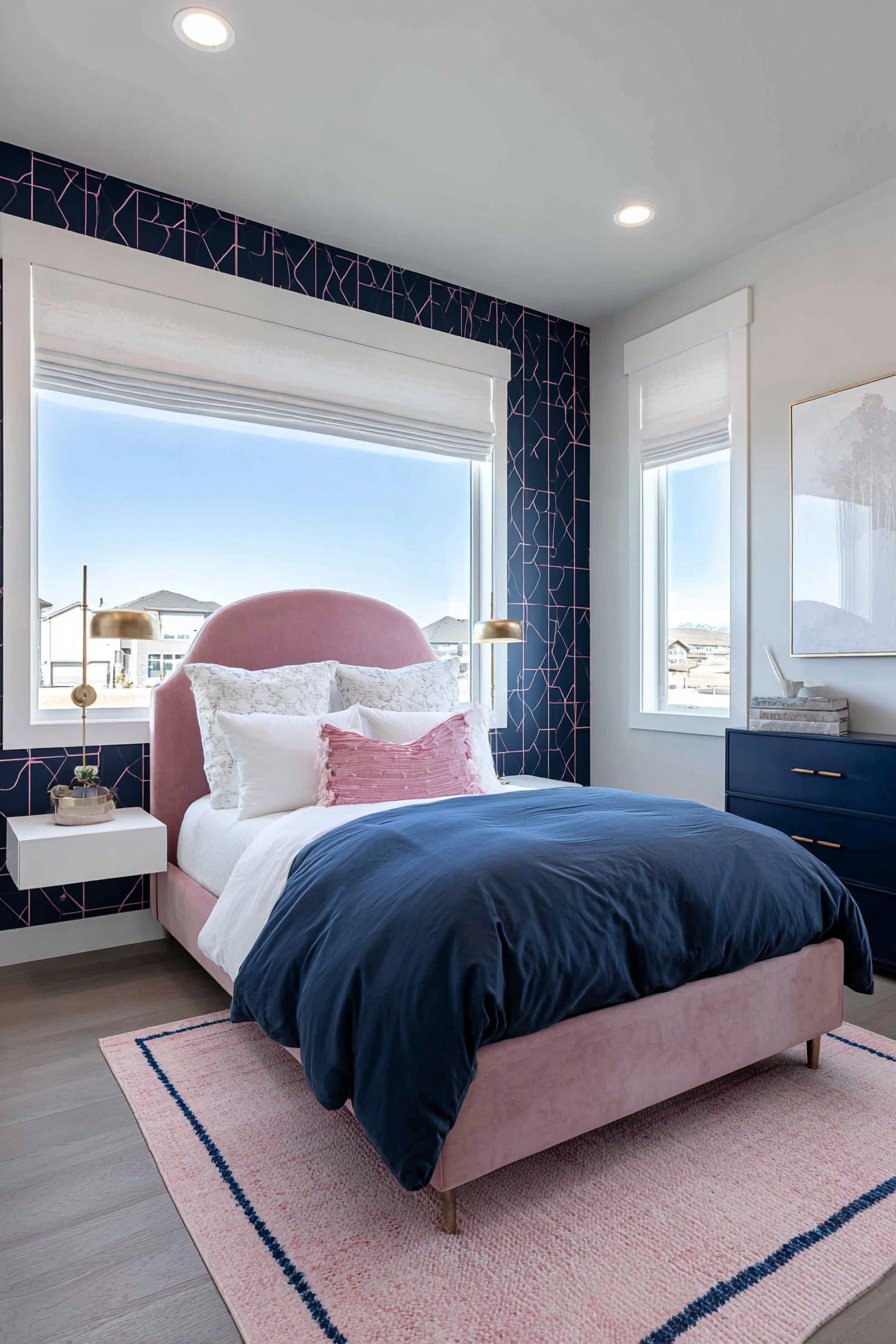 Soft Pink Linen Bedding with Navy Bedroom Suite