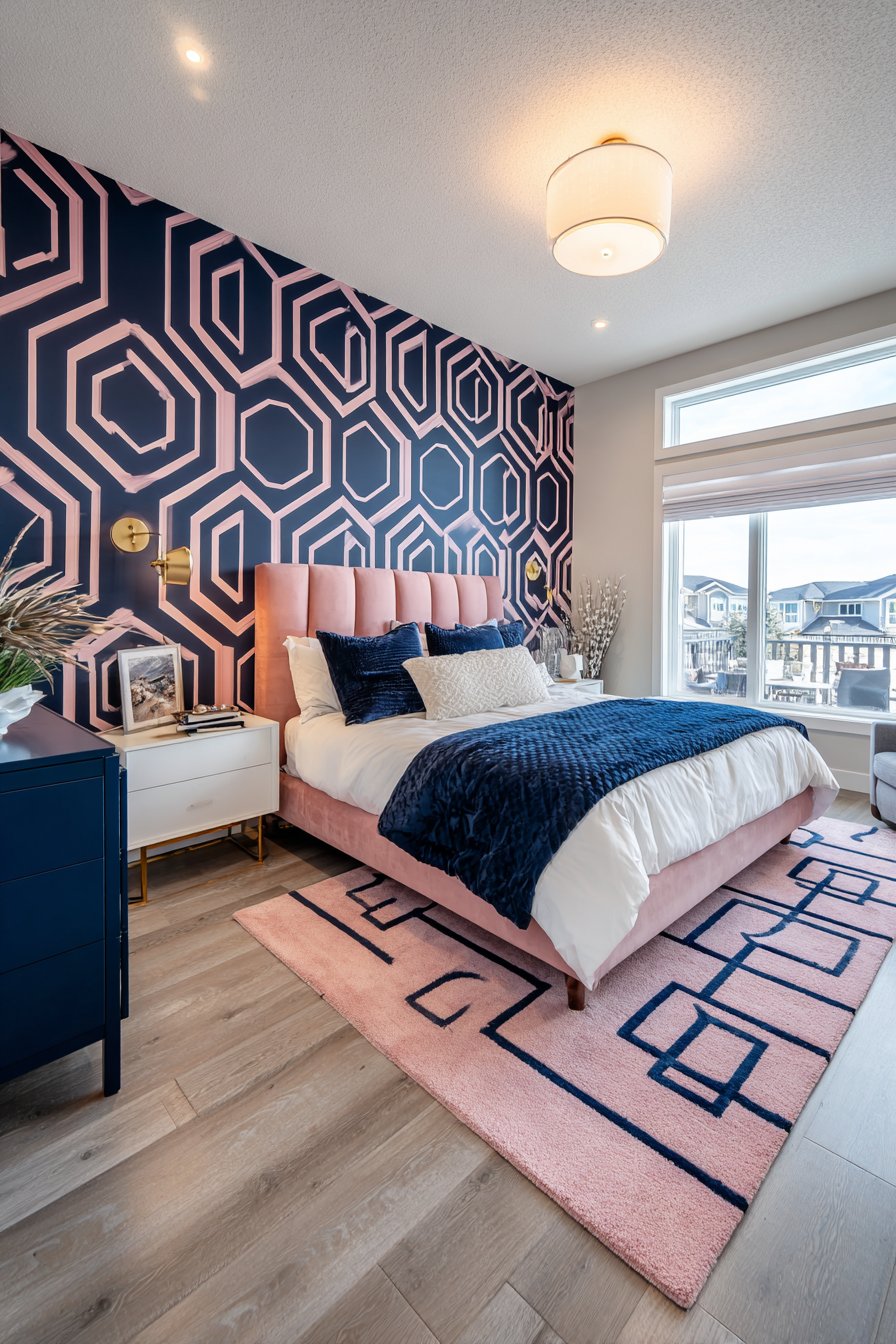 Soft Pink Linen Bedding with Navy Bedroom Suite