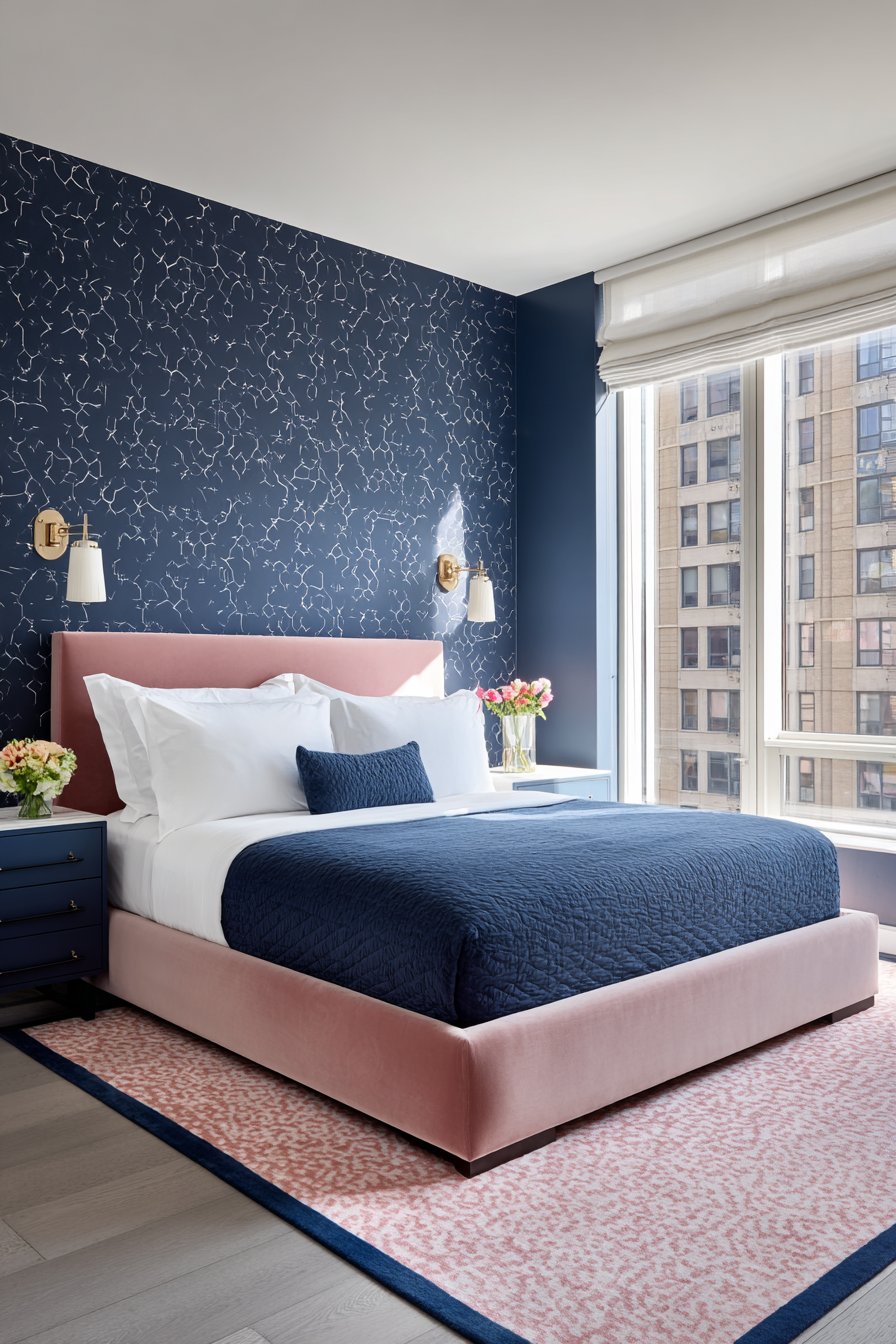 Soft Pink Linen Bedding with Navy Bedroom Suite