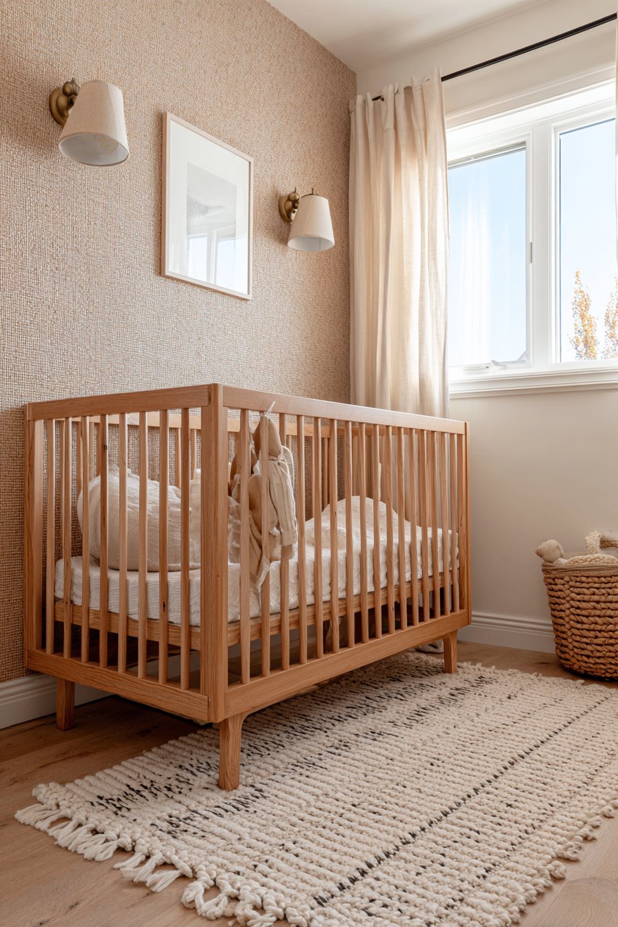 Rich Grasscloth Texture Behind the Crib