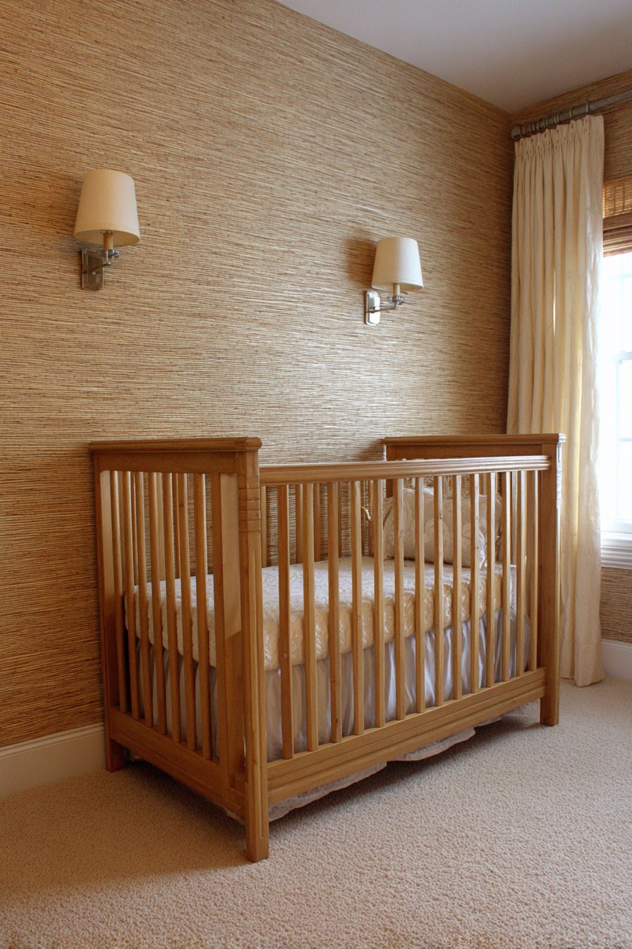 Rich Grasscloth Texture Behind the Crib