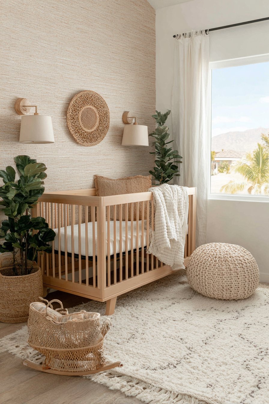 Rich Grasscloth Texture Behind the Crib