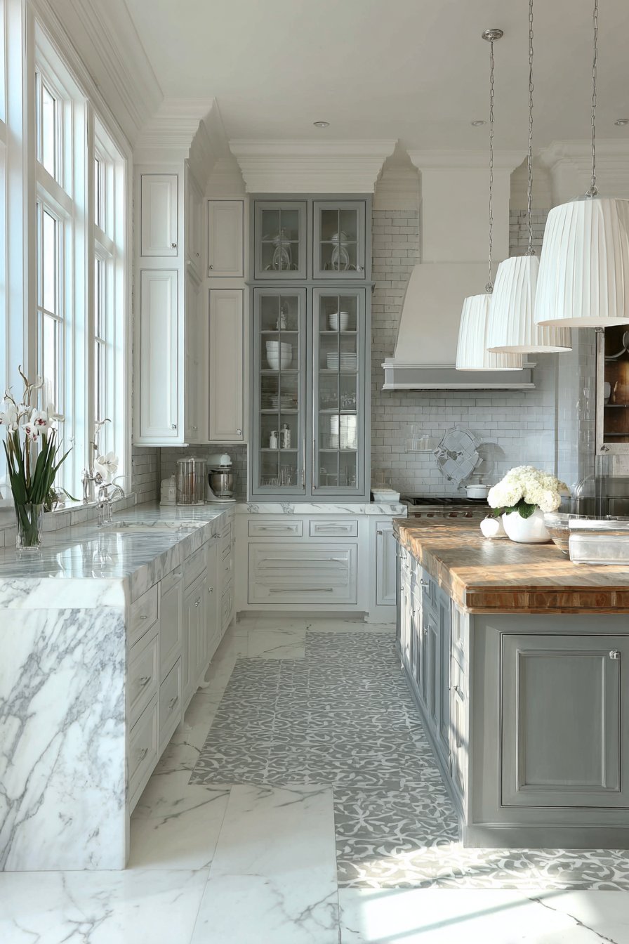 Layered Grey and White Kitchen with Multiple Textures