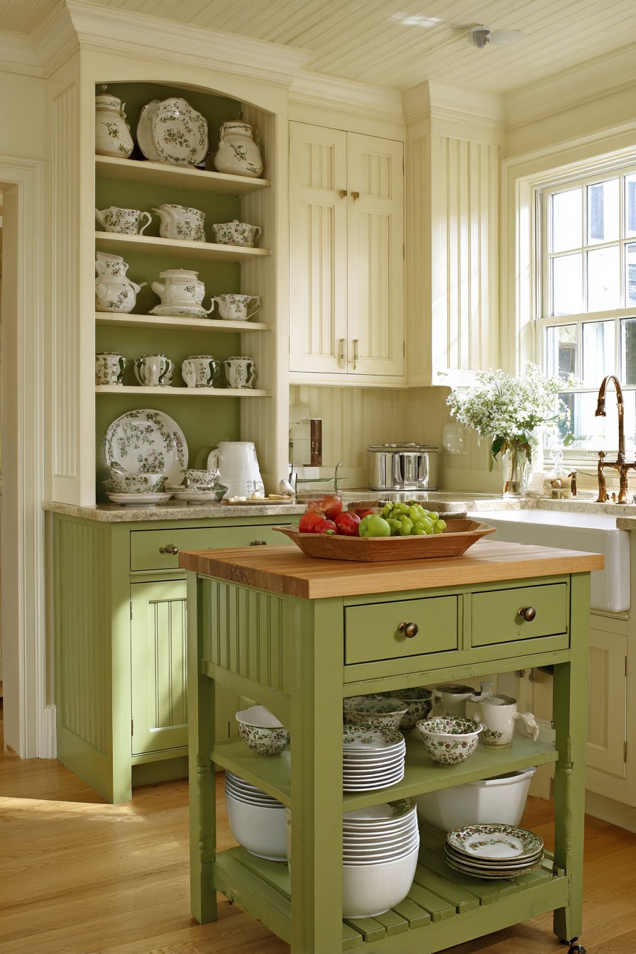 Tiny Island Kitchen with Sage Green Cabinets