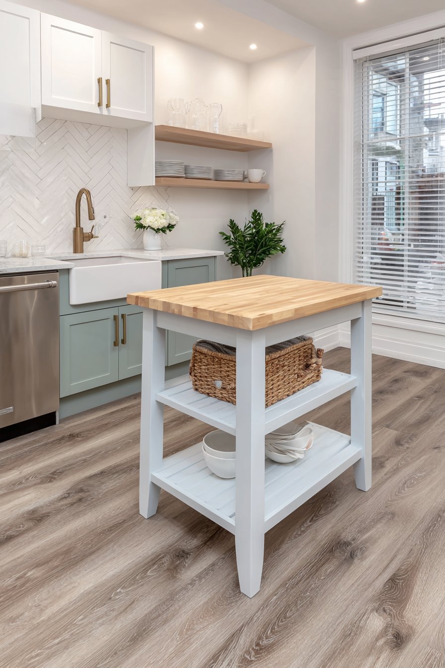 Tiny Island Kitchen with Sage Green Cabinets