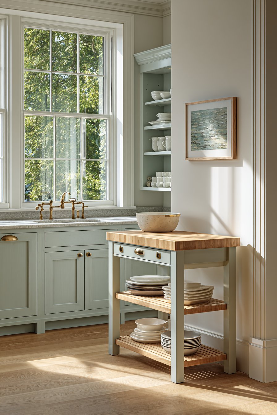 Tiny Island Kitchen with Sage Green Cabinets