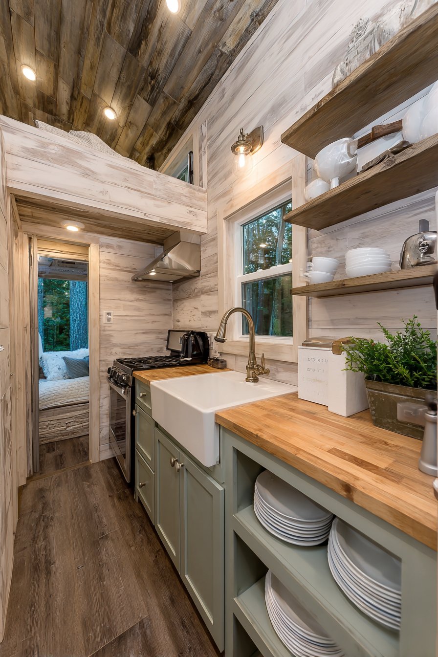 Tiny Island Kitchen with Sage Green Cabinets