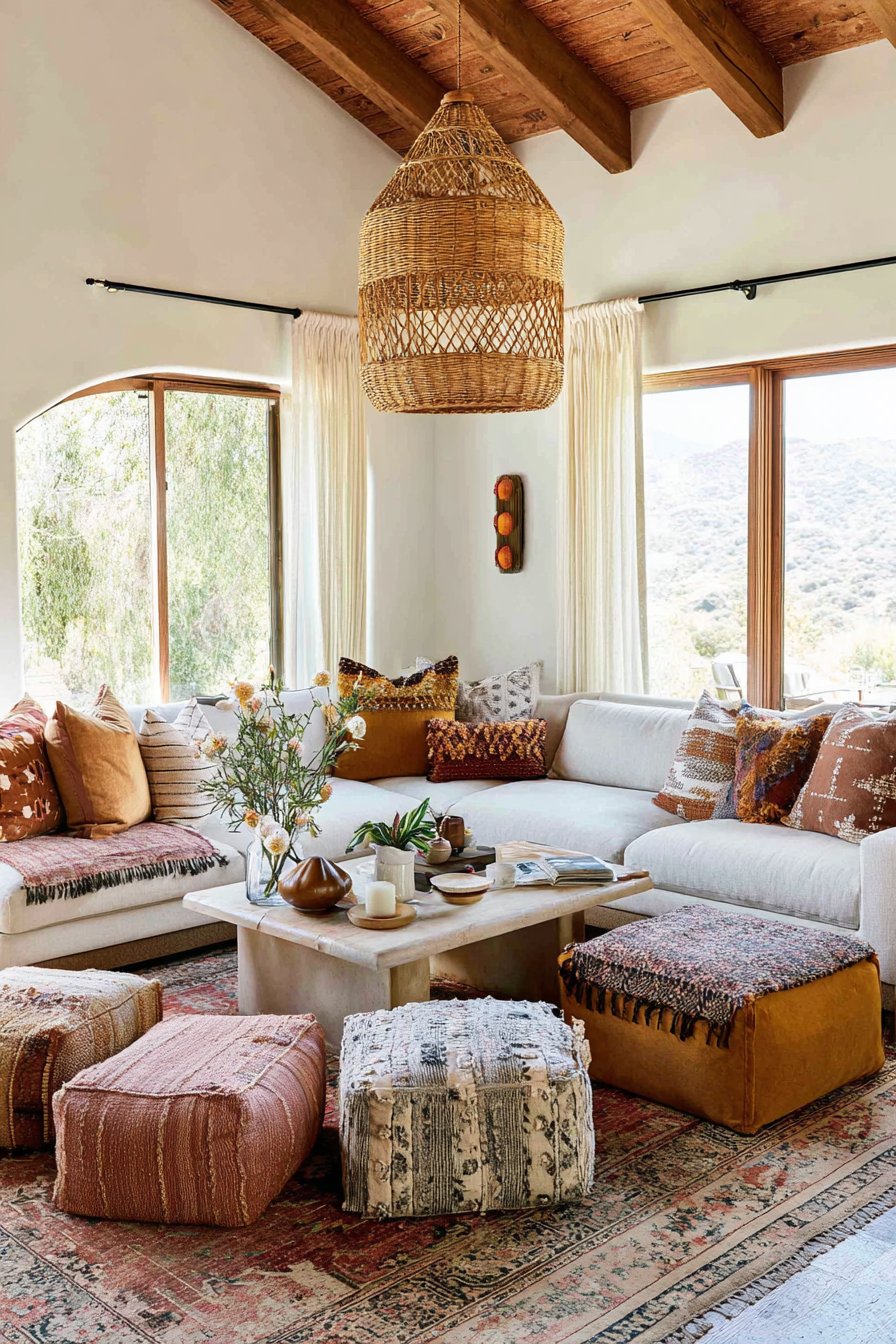 Floor Cushion Seating with Layered Vintage Rugs