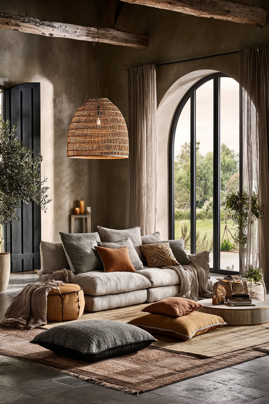 Floor Cushion Seating with Layered Vintage Rugs