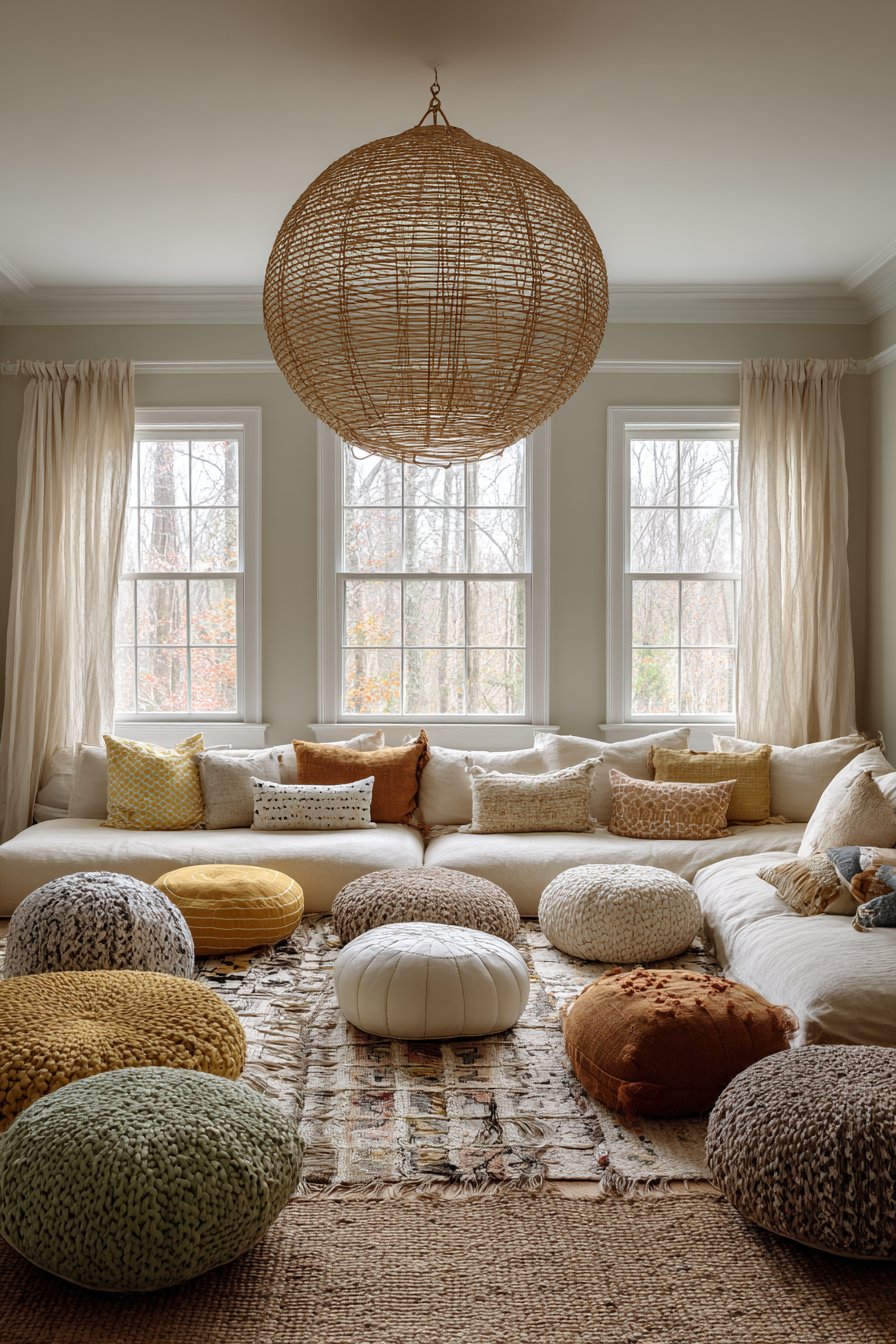 Floor Cushion Seating with Layered Vintage Rugs