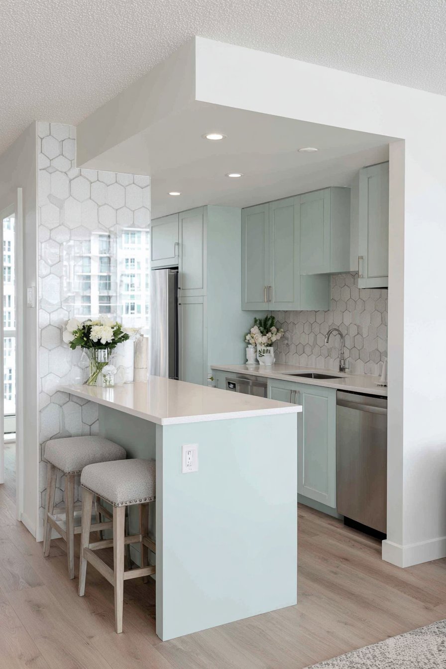 Compact Powder Blue Peninsula Kitchen