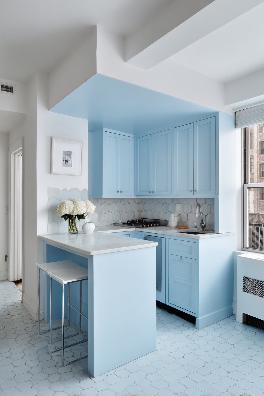 Compact Powder Blue Peninsula Kitchen
