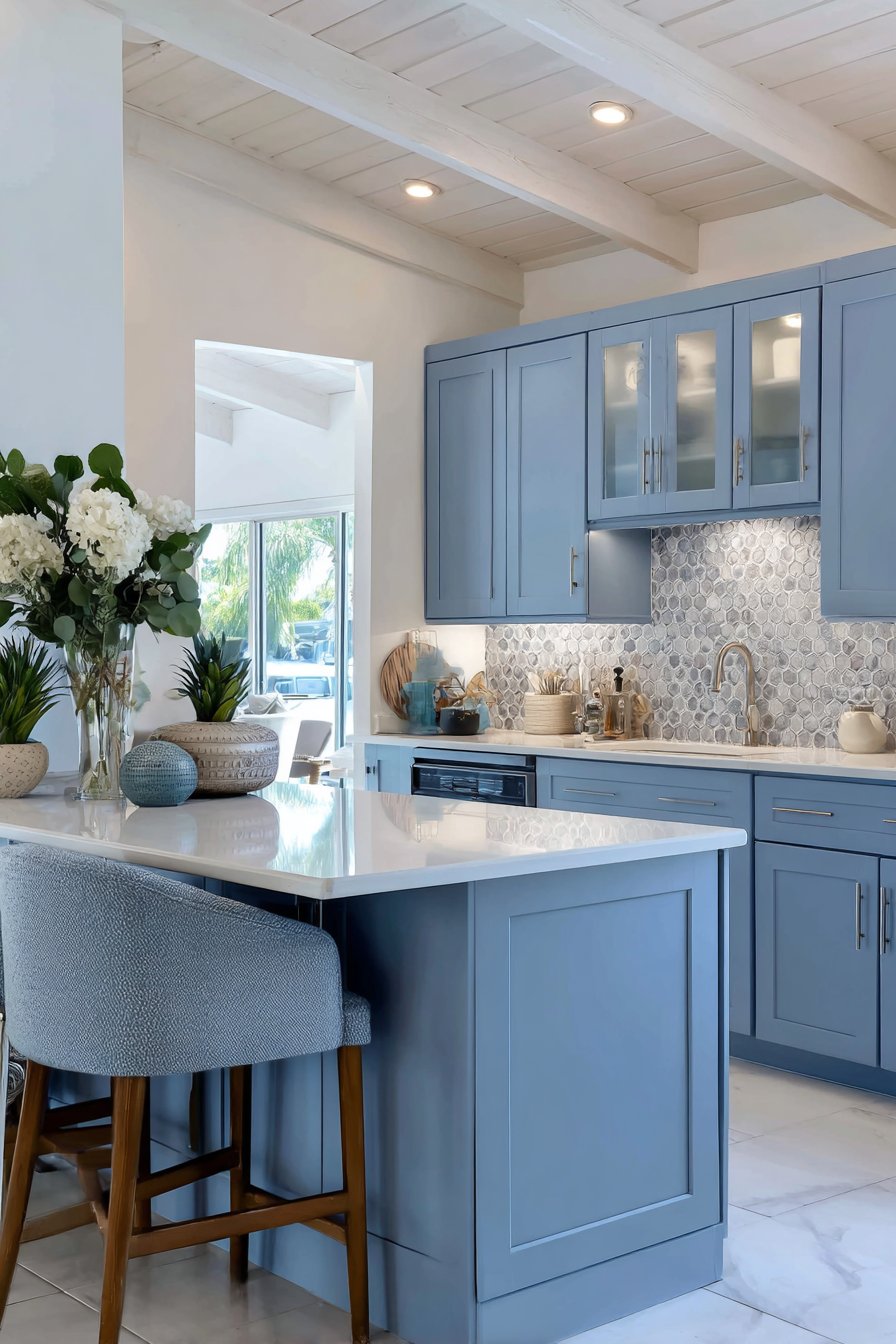 Compact Powder Blue Peninsula Kitchen