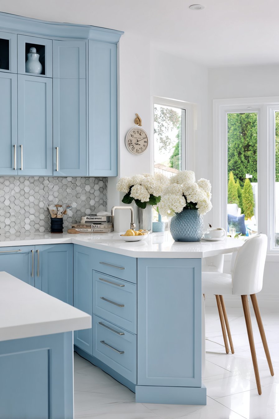 Compact Powder Blue Peninsula Kitchen