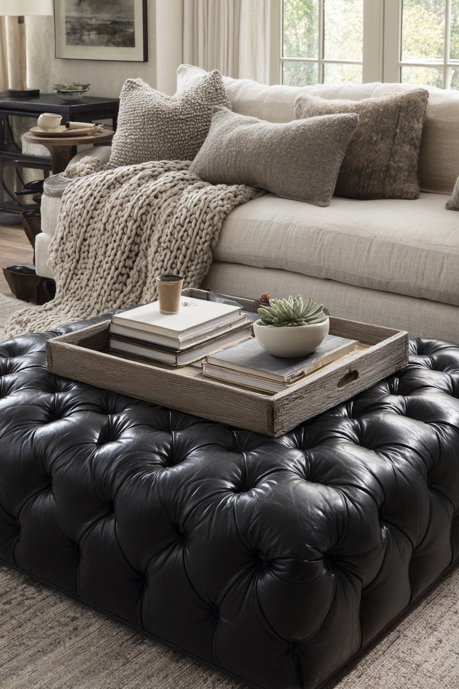 Black Leather Ottoman as Multifunctional Centerpiece