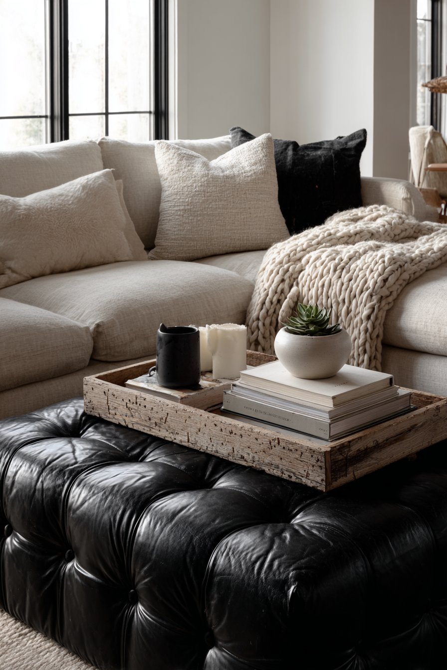 Black Leather Ottoman as Multifunctional Centerpiece
