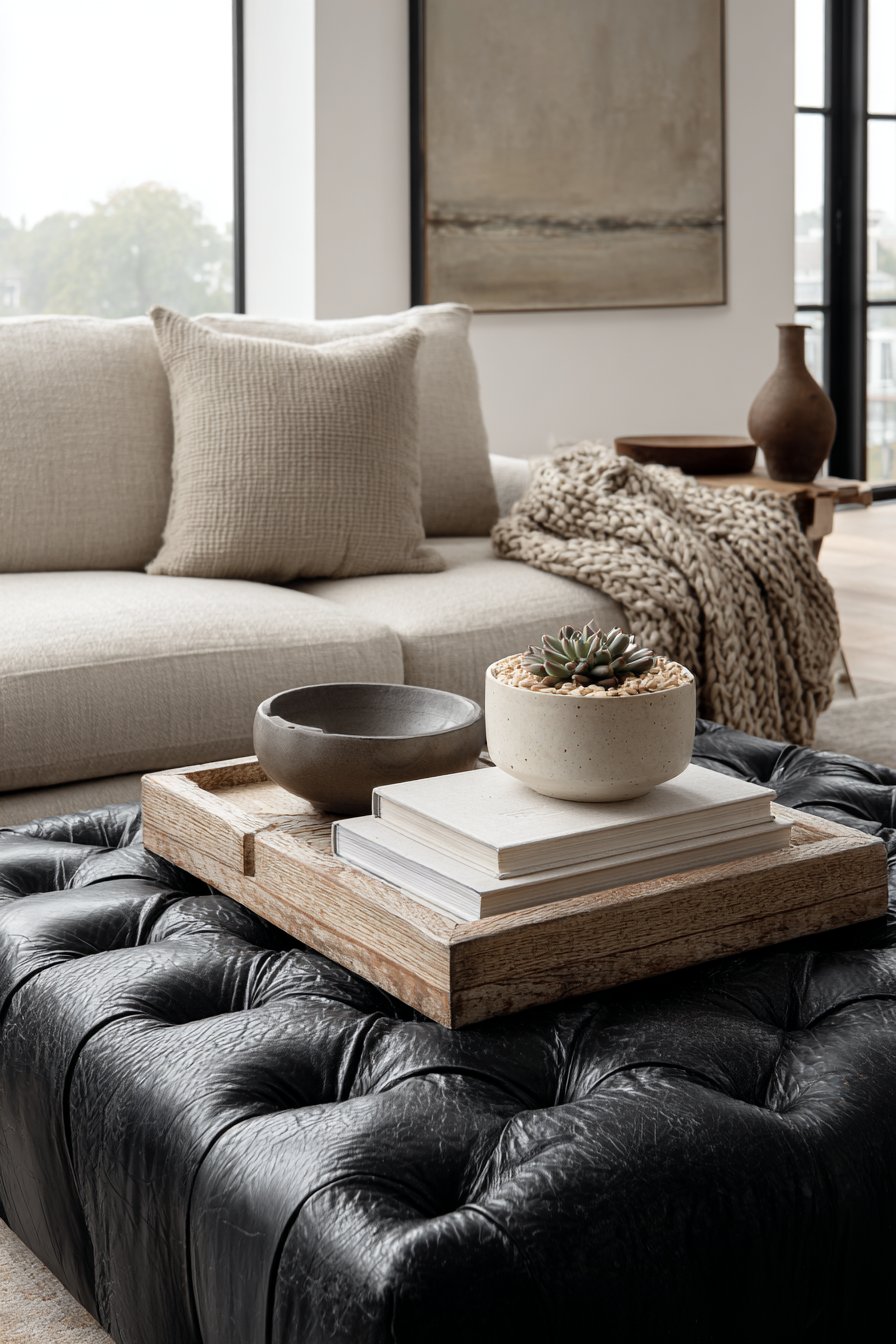 Black Leather Ottoman as Multifunctional Centerpiece
