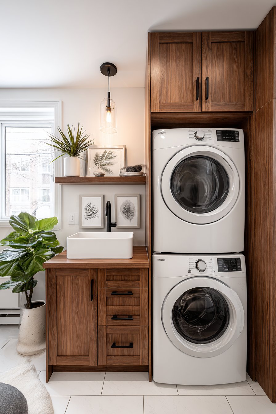 Open-Concept Floating Walnut Cabinets