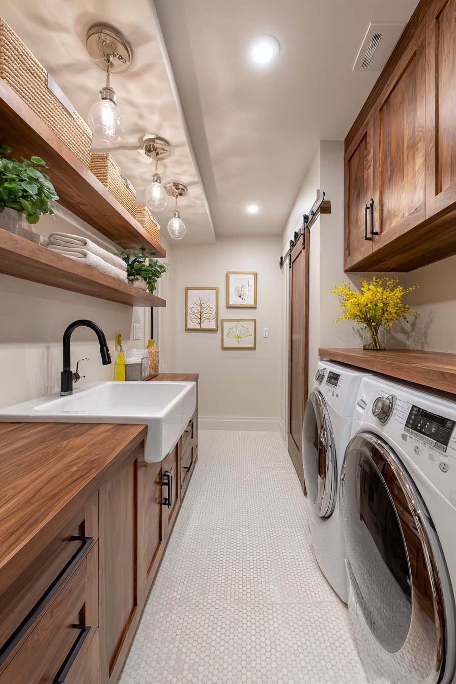 Open-Concept Floating Walnut Cabinets