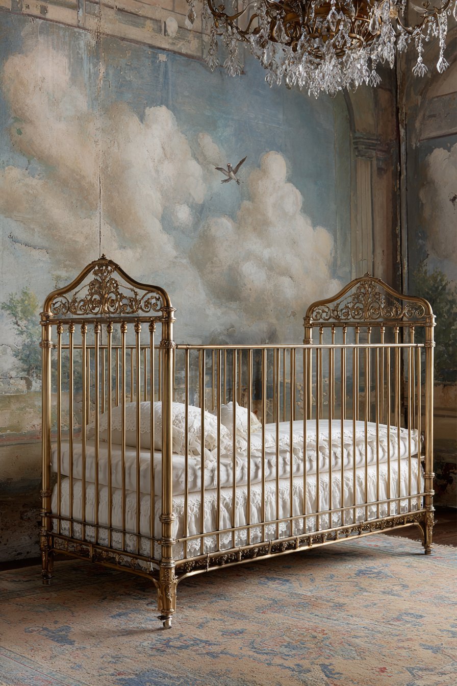Vintage Brass Crib with Persian Rug