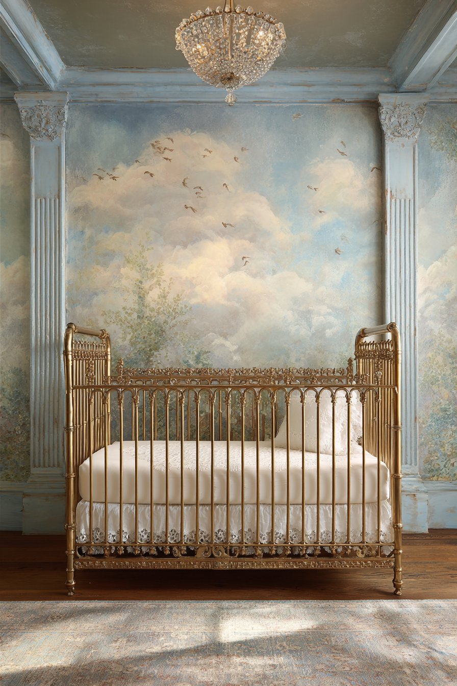 Vintage Brass Crib with Persian Rug