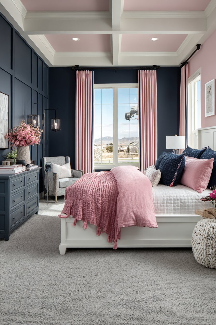 Navy Canopy Bed with Blush Pink Room