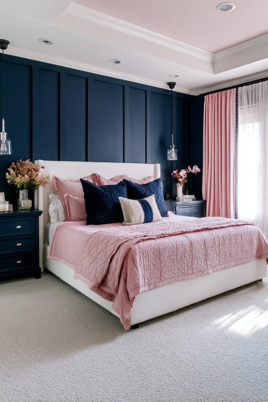 Navy Canopy Bed with Blush Pink Room