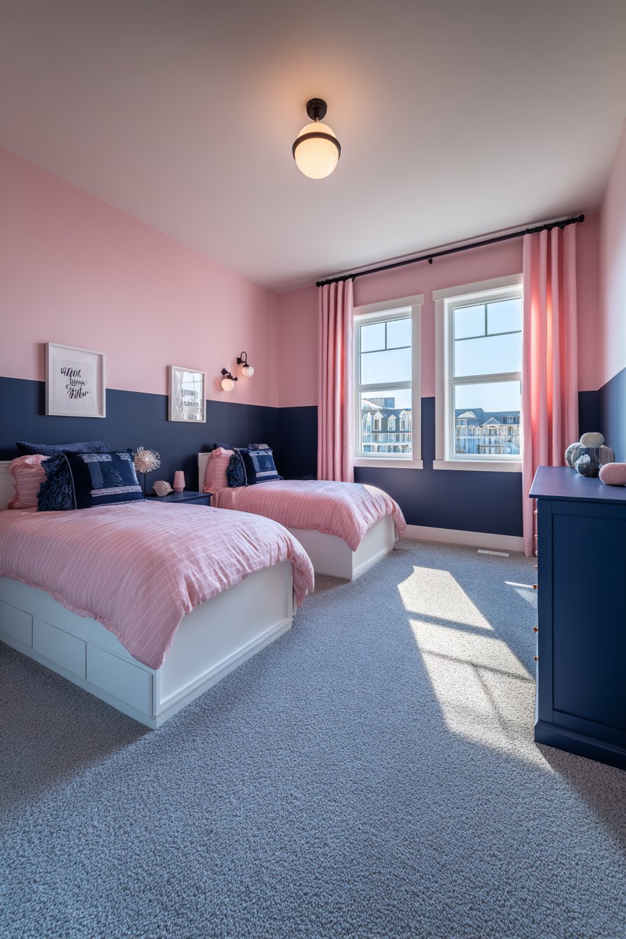 Navy Canopy Bed with Blush Pink Room