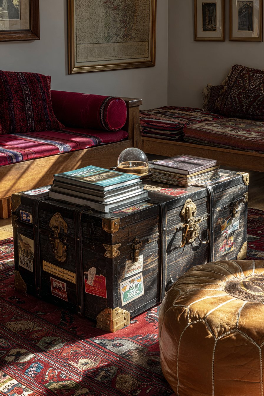 Antique Trunk Coffee Table with Travel Treasures
