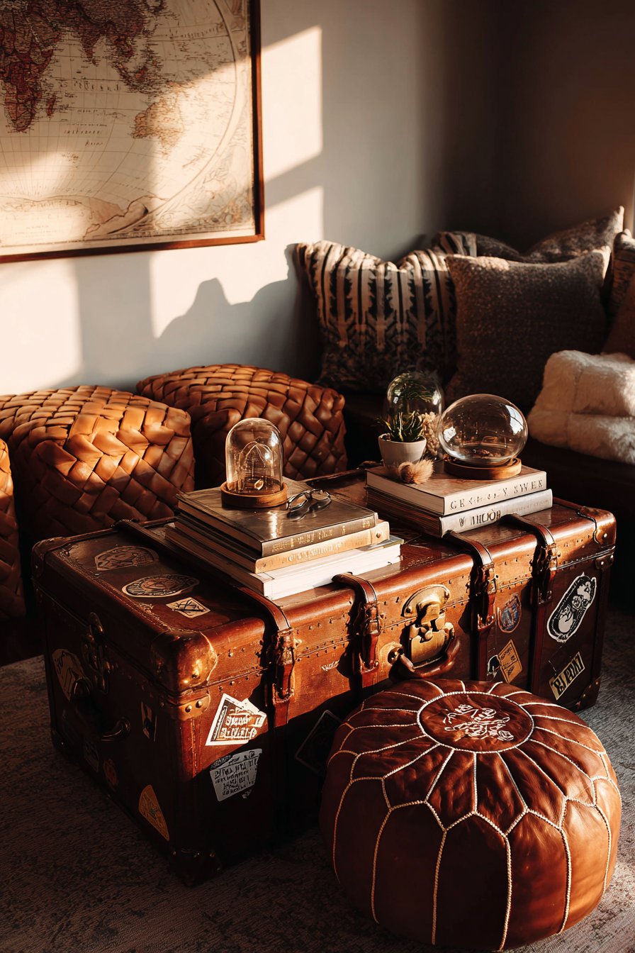 Antique Trunk Coffee Table with Travel Treasures