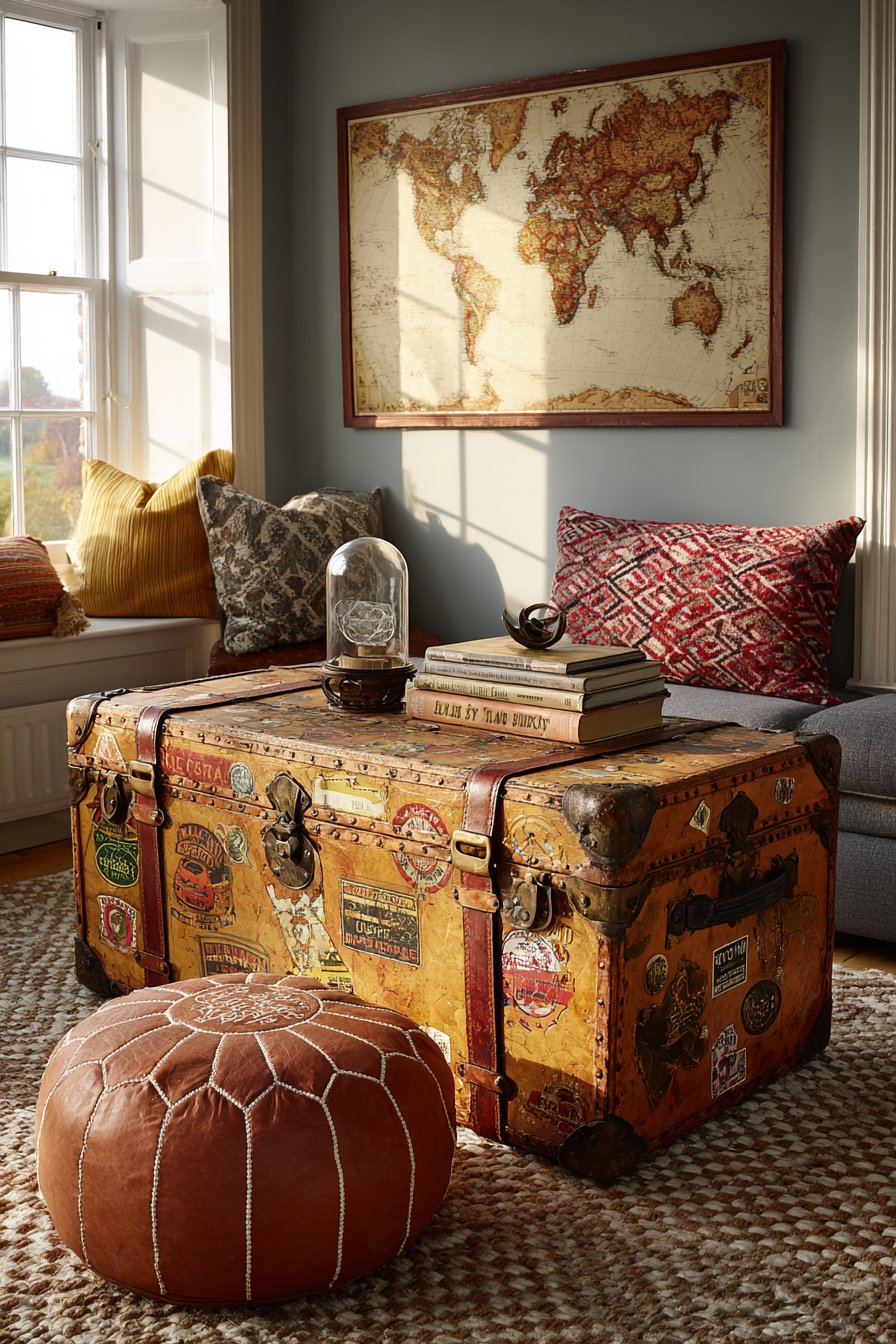Antique Trunk Coffee Table with Travel Treasures