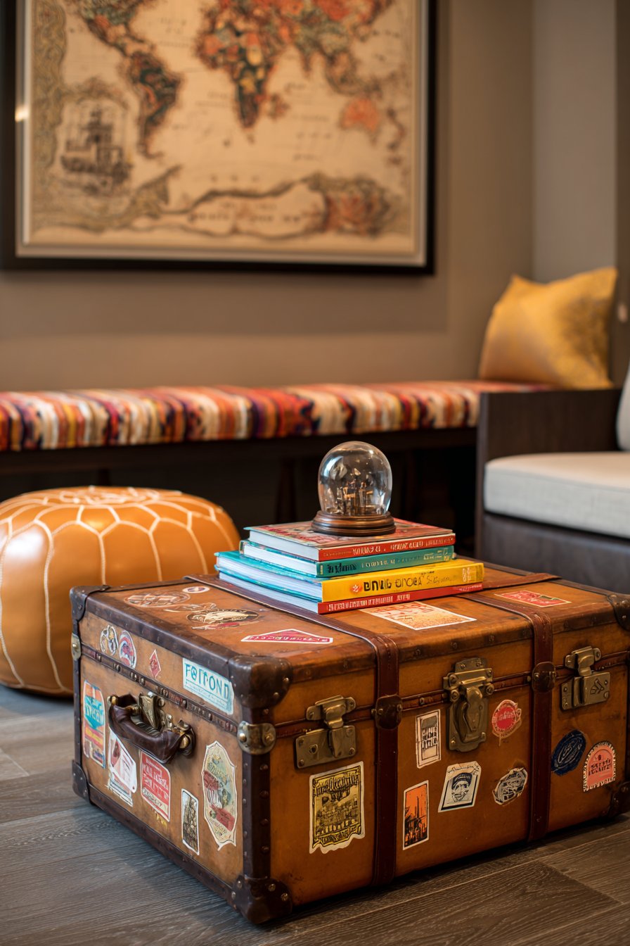 Antique Trunk Coffee Table with Travel Treasures