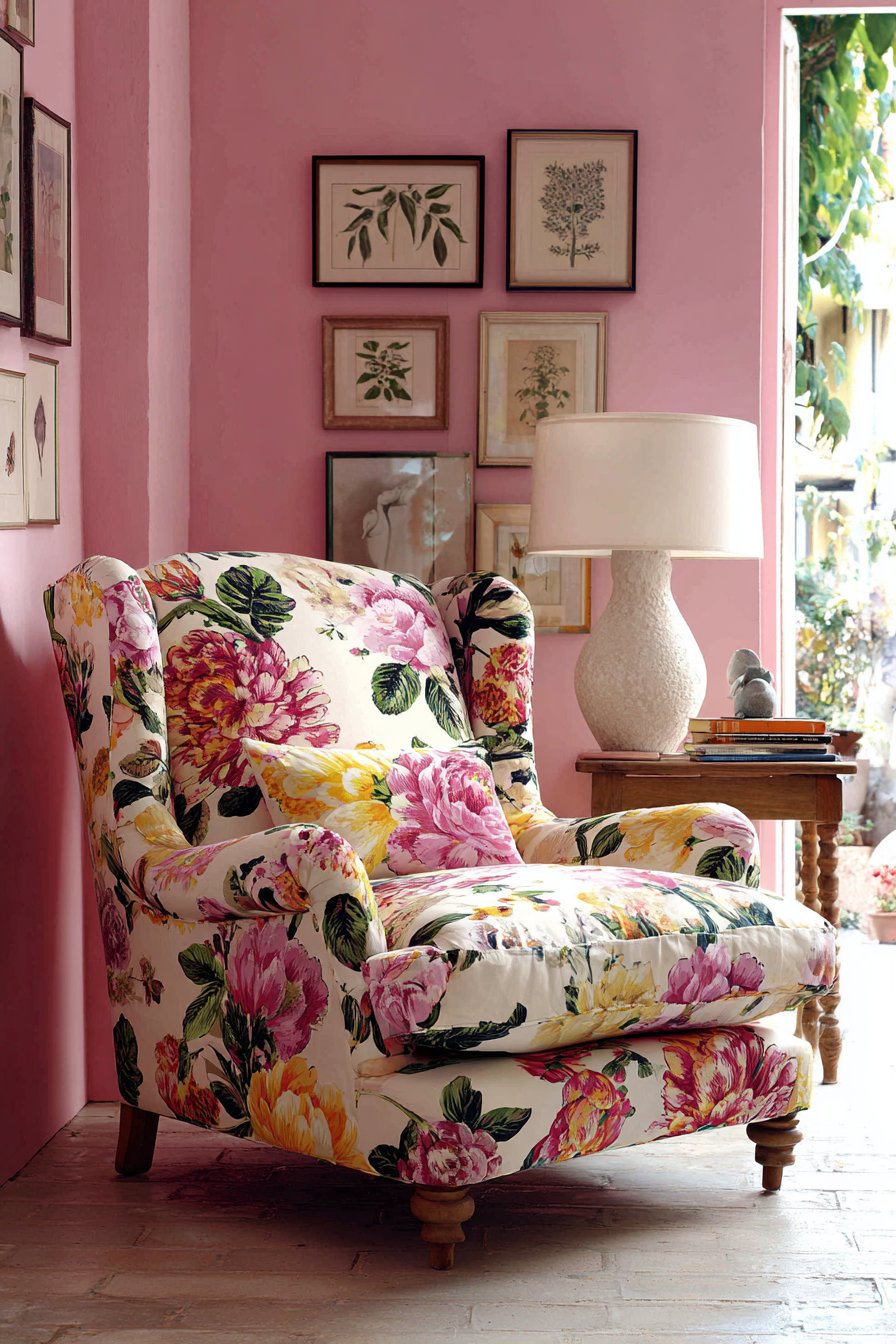 Bold Floral Chintz Armchair with Botanical Prints